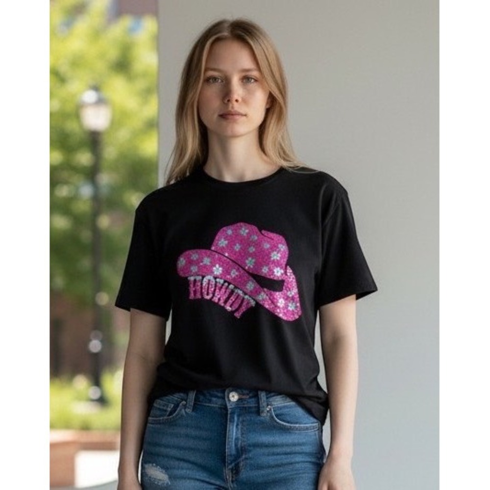 Peach Love California Howdy Pink Sequin Cowboy Hat Crop Top Tee 100% Cotton M